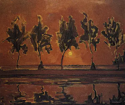 Five Tree Silhouettes along the Gein with Moon Piet Mondrian
